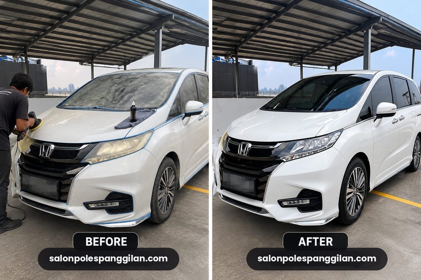 Honda Odyssey putih sebelum dan sesudah dipoles teknisi Salon Poles Panggilan